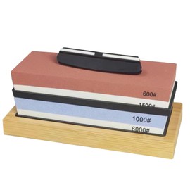 Knife Sharpening Stone, 2 Side Waterstone Set(Grit 600/1500、1000/6000) - Whetstone Knife Sharpener- NonSlip Bamboo Base and Angle Guide (SET-B)