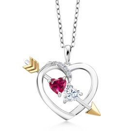 Gem Stone King 925 Sterling Silver and 10K Yellow Gold Moissanite and Red Created Ruby Pendant Necklace For Women (1.14 Cttw, Heart Shape 5MM with 18 Inch Chain)
