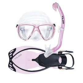 Tilos Cyclops Mask with Oracle Dry Snorkel and Vulcan OH Fins Jr. Set (Pink, L/XL)