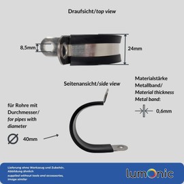 Lumonic 5 x 40 mm pipe clamps with rubber insert, stainless steel V2A, cable clamps for screwing, hose clamp 40 mm, pipe clamps, mounting clamp 40