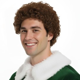 QiSwap Elf Wig Curly Wig Men - Brown Curly Hair Cosplay Costumes Accessories Adults, Full Wigs for 70s Disco Holiday Party, Halloween, Christmas (One Size)
