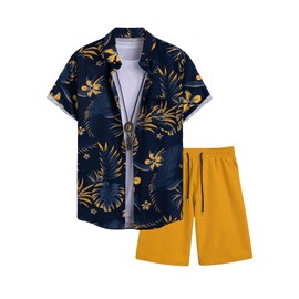VIPWOLF - Conjunto corto de 2 piezas para hombre, camisas florales con botones y pantalones cortos con cordón en la cintura, Azul y amarillo, XX-Large