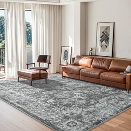 6x9 Vintage Area Rug for Living Room Bedroom, Large Machine Washable Non Slip Indoor Rug，Thin Throw Floral Floor Low Pile Distressed Carpet for Office Nursery Dining Room (Grey)