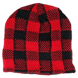 Made in USA, Buffalo Plaid Acrylic Short Beanie Hat - RED Black