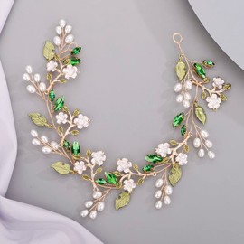 Chargances Bride Green Rhinestone Leaf Headband Wedding Flower Pearl Hair Vine Crystal Bridal Prom Hair Accessories for Women and Girls