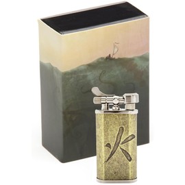 Kiribi Takara Japanese Dual Flame Pipe Lighter - Refillable, Angled & Adjustable Soft-Flame, Flip Top, Travel Friendly, Uses Butane (Brass)