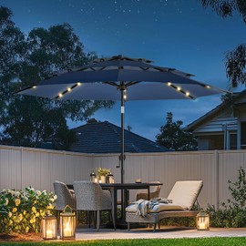 wikiwiki 10FT 3Tiers Solar Led Patio Umbrella, Sturdy Outdoor Market Umbrella for Deck, Pool, Garden w/Tilt, Crank, 32 LED Lights, Navy Blue
