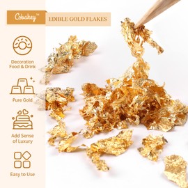 Cobakey Cobakey Genuine Edible Gold Leaf Flakes - 50mg Edible Gold Flakes for Cake Decoration (Cupcake, Chocolate, Steak, Drink & Cooking), Gold Leaf with Edible Glitter & Wooden Tweezers