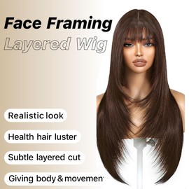 ZRLK Brown Wig with Bangs Long Brown Wig for Women Synthetic Heat-Resistant Hair Layered Style Hair for Daily and Party Use