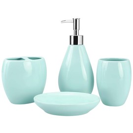 4-Piece Ceramic Bathroom Accessory Set, Bathroom Accessories Set Includes Soap Dispenser, Toothbrush Holder, Tumbler, Soap Dish, Complete Bathroom Ensemble Sets for Bath Decor, Ideas Home Gift (Green)