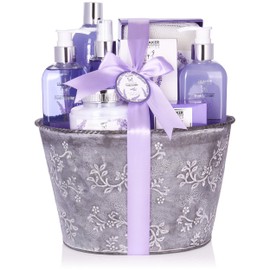 BRUBAKER Cosmetics Relaxing at Home Spa Gift Basket - Fresh Lavender - 9 Pcs Bath & Body Gift Set Including Vintage Planter