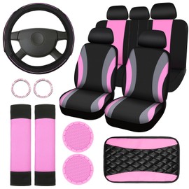 17 Pcs Car Seat Covers Full Set, Steering Wheel Cover Center Console Pad Armrest Cover Seat Safety Belt Pad Seatbelt Covers Cup Mats Car Emblem Ring Sticker Car Accessories Set (Black, Pink)