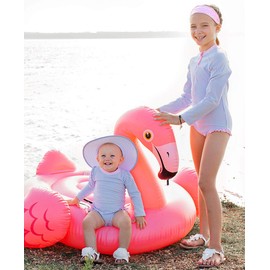 RuffleButts® Baby/Toddler Girls Long Sleeve One Piece Swimsuit - Blue Seersucker with UPF 50+ Sun Protection - 18-24m