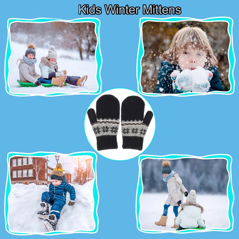 Kids Winter Soft Warm-Knit-Mittens, Boys-Girls Snowflake-Print Warmly Double-Layer Snow-Mittens Ski-Gloves