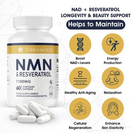 NMN & Resveratrol Complex 1100mg, Anti-Aging Antioxidant Dietary Supplement, 60 Capsules