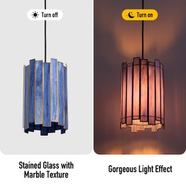 Wrlmfy Tiffany Pendant Lighting, 7" Brass Cylindrical Hanging Lamp with Stained Glass for Foyer, Entryway, Bedroom, Dining Room, Stairwell (Deep Blue)