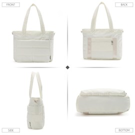 Rueesh Puffer Tote Bag for Women - Lightweight Quilted Shoulder Bag with Laptop Compartment and Zipper, Work Gym & Travel Tote Bag, Beige