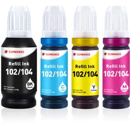 Clywenss 104 Ink Compatible with Epson 104 102 103 Ink Bottle Set Refill for EcoTank ET-2710 ET-2711 ET-2712 ET-2714 ET-2715 ET-2720 ET-2721 ET-2726 ET-4700 Printer, 4-Pack (Black Cyan Magenta Yellow)