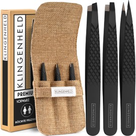 KLINGENHELD® Professional Tweezers Set with ComfortGrip Tips and Non-Slip Handle - Maximum Hold and Highest Precision - Includes Cotton Case 100% Plastic-free & Sustainable - Tweezers Eyebrow Plucking