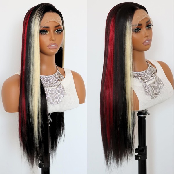 SALLYWELL Red Skunk Stripe Lace Front Synthetic Wig Long Straight
