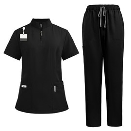 Meichoon Scrubs Set Women's V-neck Zipper Top with 4 Pockets Stretchy Soft Jogging Pants Quick Drying Hospital Salon Uniform DK50Black XL