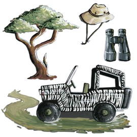 Cohas Safari Animal Wall Decal Fabric Stickers for Nursery or Bedroom, Large Truck and Accessories