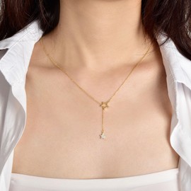 SILBERTALE 925 Sterling Silver Y Necklace CZ Star Drop Adjustable Gold Y Chain Fashion Jewellery for Women Ladies 40-50 cm, Sterling Silver