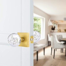 HIEMEY Passage Glass Door Knobs Interior, Round Clear Bubble Crystal Gold Door Knobs for Closet/Hall/Bifold, Satin Brass, BS-028