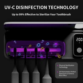 Toothbrush Sanitizer and Holder, UV Toothbrush Sanitizer Holder for Bathroom with 5 Slot, Timer Function, 2000mAh Rechargeable Toothbrush Cleaner Holder Wall Mounted Without Drilling