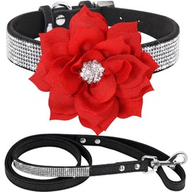 Haoyueer Cute Dazzling Sparkling Elegant Fancy Soft Suede Leather Bling Rhinestone Crystal Jeweled Pet Cat Dog Puppy Collar Dog Leash Combo Set (Black7, XXS)