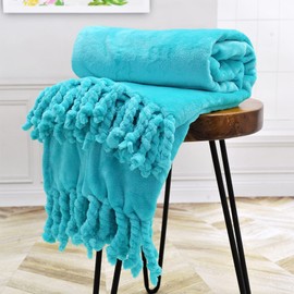 BYTIDE Throw Blankets Couch Cover Flannel Fleece Throw with Braided Rope Fringe Tassels, Plush Cozy Warm Soft Smooth Throw for Couch Sofa Bed Chair Home Décor, 50" x 60", Blue