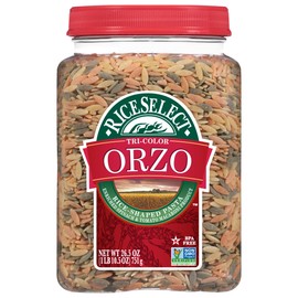RiceSelect Tri-Color Orzo Rice-Shaped Pasta, Premium Spinach- and Tomato-Flavored Non-GMO Orzo Pasta, 26.5-Ounce Jar