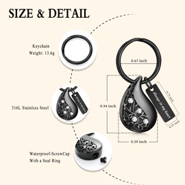 Cremation Keychain for Ashes Always in My Heart Urn Pendant for Women Men Teardrop Cremation Jewelry Memorial Urn Keepsake Key Ring for Human Pet Ashes Holder -Black