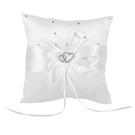 Greensen Wedding Ring Cushion with Bow Spots, Double Hearts, Diamonds, Wedding Ring Cushion, 20 x 20 cm (White)