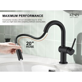 KENES Pull Down Bathroom Faucet with Sprayer, Matte Black Single Handle Bathroom Sink Faucet with Pull Out Sprayer, Vanity Bar Faucet with Pop Up Drain & Deck Plate, KE-9065B-2
