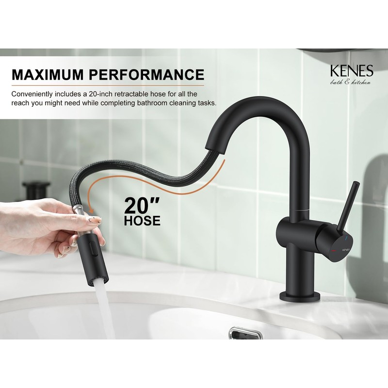 KENES Pull Down Bathroom Faucet with Sprayer, Matte Black Single