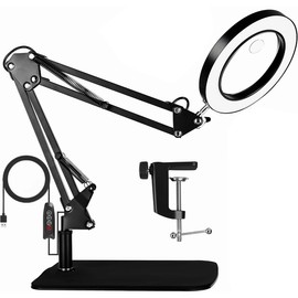 AbaqKalza Lupa con luz LED 10X 15X con Base y Pinza, Lupa de Escritorio con Brazo Giratorio Ajustable Lupa Regulable Continua con luz, 3 Color 10 Nive