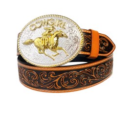 TOPACC Cowgirl Belts for Women Brown Genuine Leather Belt Cowgirl Belt Buckle Rodeo Belts for Jeans Pants Country Concert Outfit