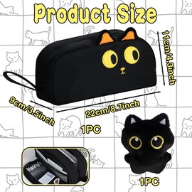 Moerstar Large Capacity Cat Pencil Case, Black Pencil Case with Cute Cat Pendant for Boys Girls, Pencil Pouch for School Office Students Women Men