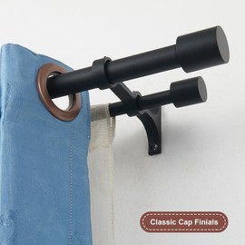 Matte Black Double Rods Curtain Rods 48 to 84 Inch, Double Window Drapery Rod, Decorative Double Window Curtain Rod with Cap Finials, 1 Inch Front and 5/8 Inch Back Telescoping Dual Curtain Rod