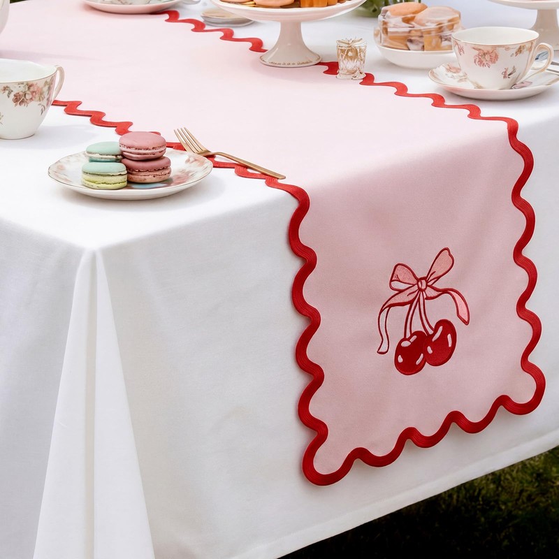 Breling Pink Bow Cherry Table Runner 70 Inches Coquette Scalloped