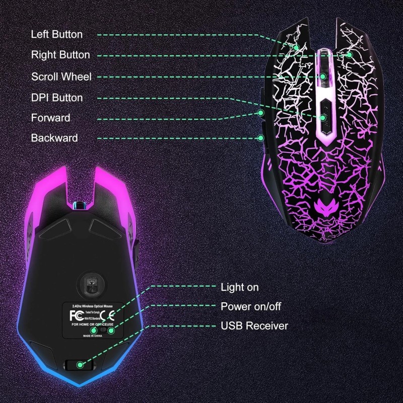 LuLabboard Wireless Gaming Mouse RGB 2400DPI Rechargeable Silent 6-Button -