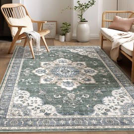 Area Rug for Living Room - 5x7 Soft Washable Oriental Vintage Floral Distressed Large Carpet - Fade Stain Resistant Non Slip Rugs for Bedroom Dining Room Nursery Dorm Office Home Decor - Green