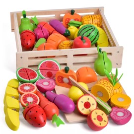 FUN LITTLE TOYS Natural Wooden Fruit and Veggie Grocery Store Toy Set for Kids 12 Foods and A...