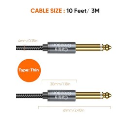 CableCreation Cable de guitarra de instrumento de 1/4 (10 pies/9.8 ft), trenzado de nailon de 0.250 in TS recto macho a macho para guitarra eléctrica,