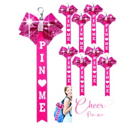 KAFUN 8PCS Cheer Pin Me Ribbon Cheerleader Pin Me Bow Cheer Bow Keychain with Rhinestones Cheerleading Sports Accessory Gift (Rose red 8pcs)