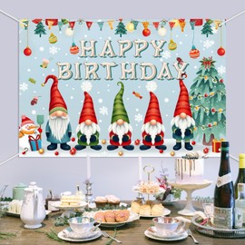 Gnomes Happy Birthday Backdrop Banner Winter Christmas Elf Theme Background Decor for Boys Girls Birthday Party Holiday Party Decorations Photo Studio Props Supplies 72x43in-BECKTEN