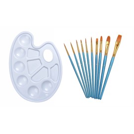 Makkas 10 Pcs Acrylic Brushes Set & Paint Mixing Palette | Wooden Nylon Hair Brushes with Sturdy Palette