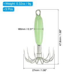 PATIKIL 9g Luminous Squid Jig Hooks, 5 Pcs Cuttlefish Sleeve Saltwater Fishing Lures Bait Jig Glow in Dark with 12 Stainless Steel Needles, Green