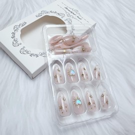 24 Pcs Almond Press on Nails Short Fake Nails with 3D Gold Sun Rhinestones Designs Glue on Nails Gold Star False Nails Full Cover Stick on Nails for Women Nail Art Decoration